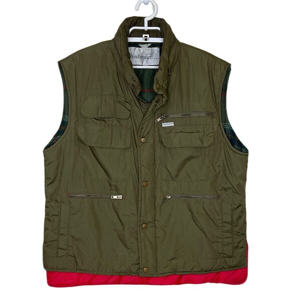 Vtg Windbreaker Army Green Flannel Lined Hunting Field Vest Packable Hood 80s L - Picture 1 of 10